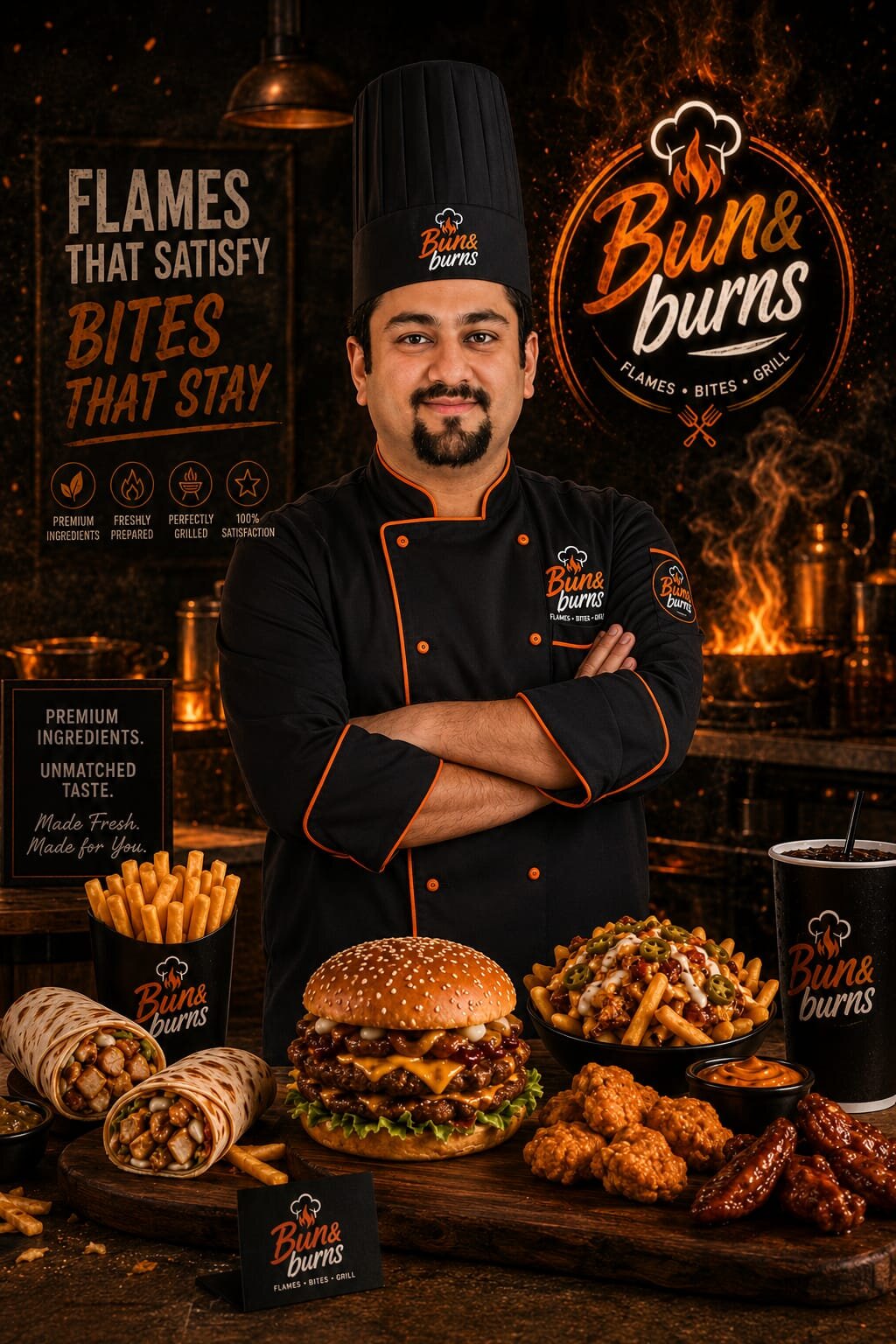 Bun & Burns head chef with the full signature spread of burgers, shawarma, wings and fries